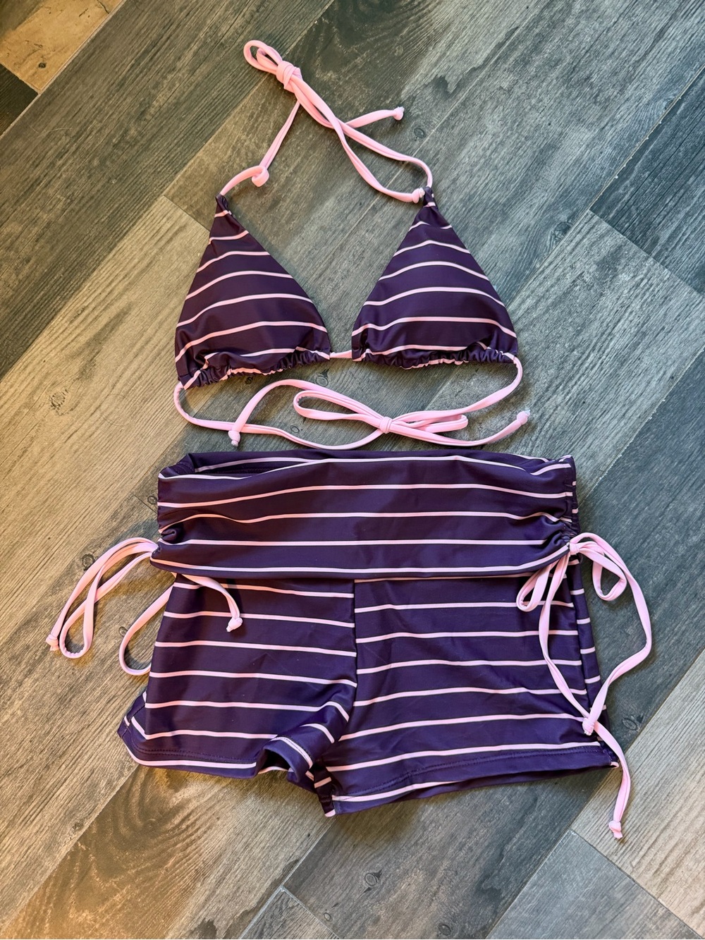 Striped Purple & Pink Bikini Set with High-Waist Shorts